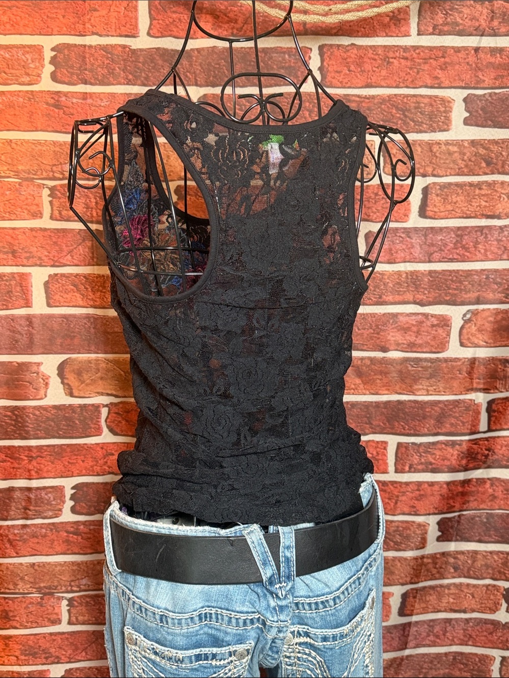 👚 Flying Tomato Lace Tank w/Racer Back Flower Appliqué Y2K — Black — Sz S / N - Picture 4 of 8
